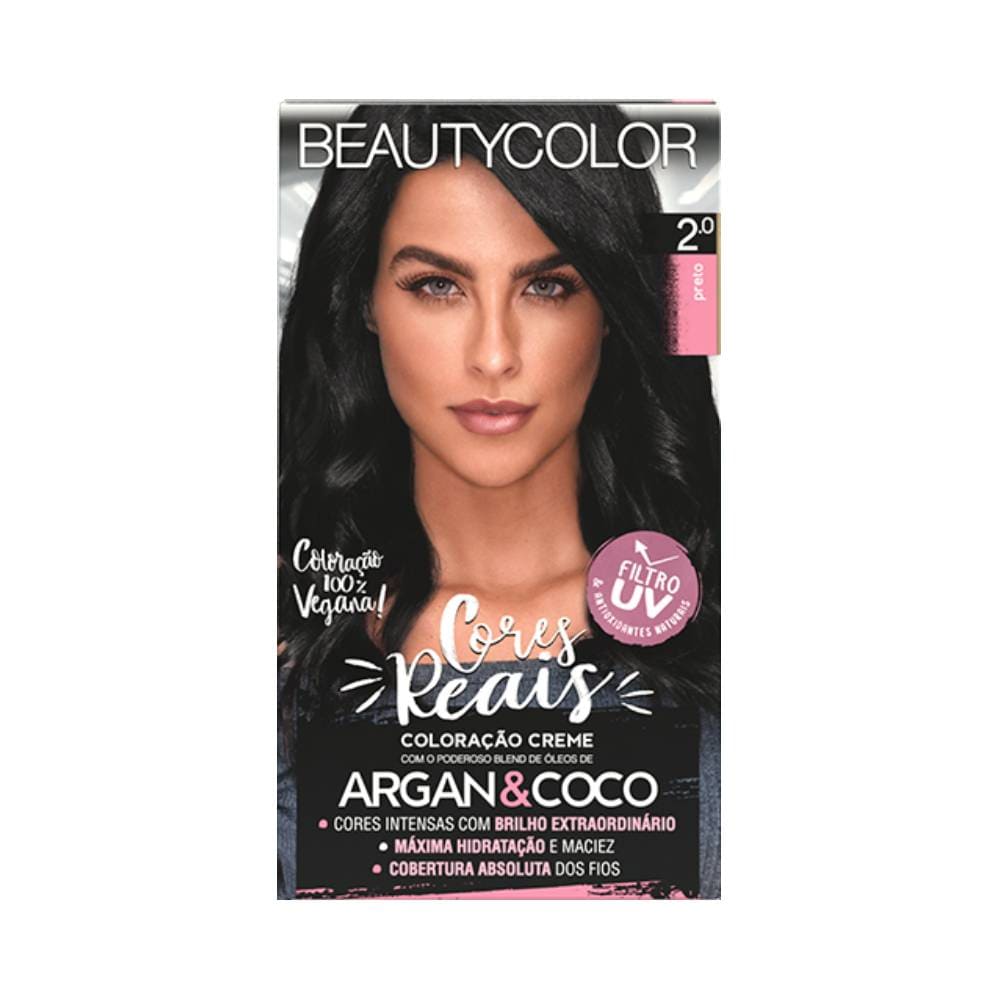Imagem frontal do produto de coloração Beauty Color Cores Reais 2.0 Preto mostrando embalagem e resultado em cabelo preto
