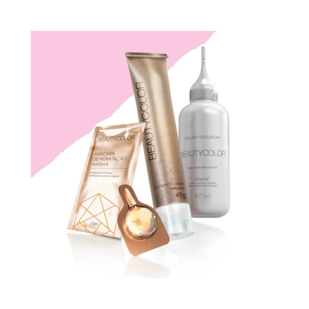 Imagem mostrando vários produtos de cuidados capilares da Beauty Color, incluindo máscara e creme de coloração