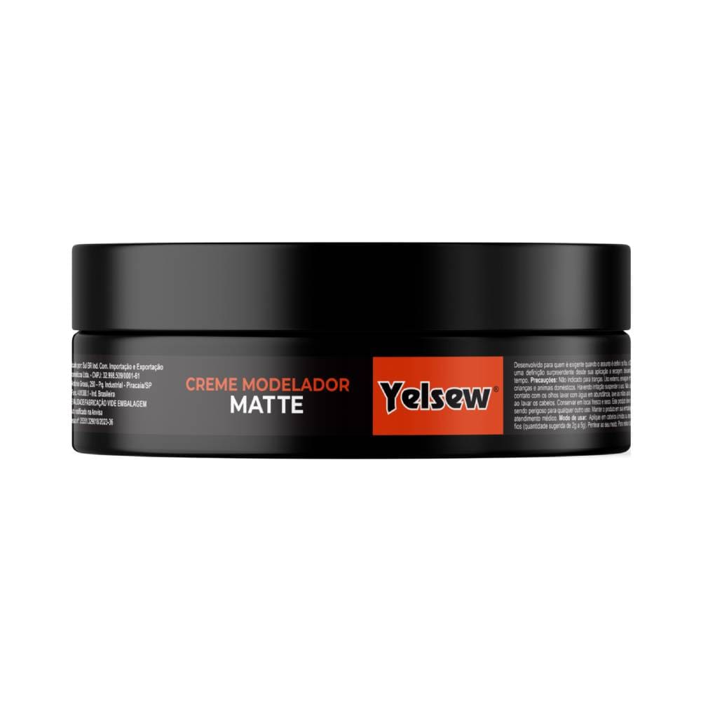 Lateral do pote preto do Creme Modelador Yelsew Matte 100g com logo e informações do produto