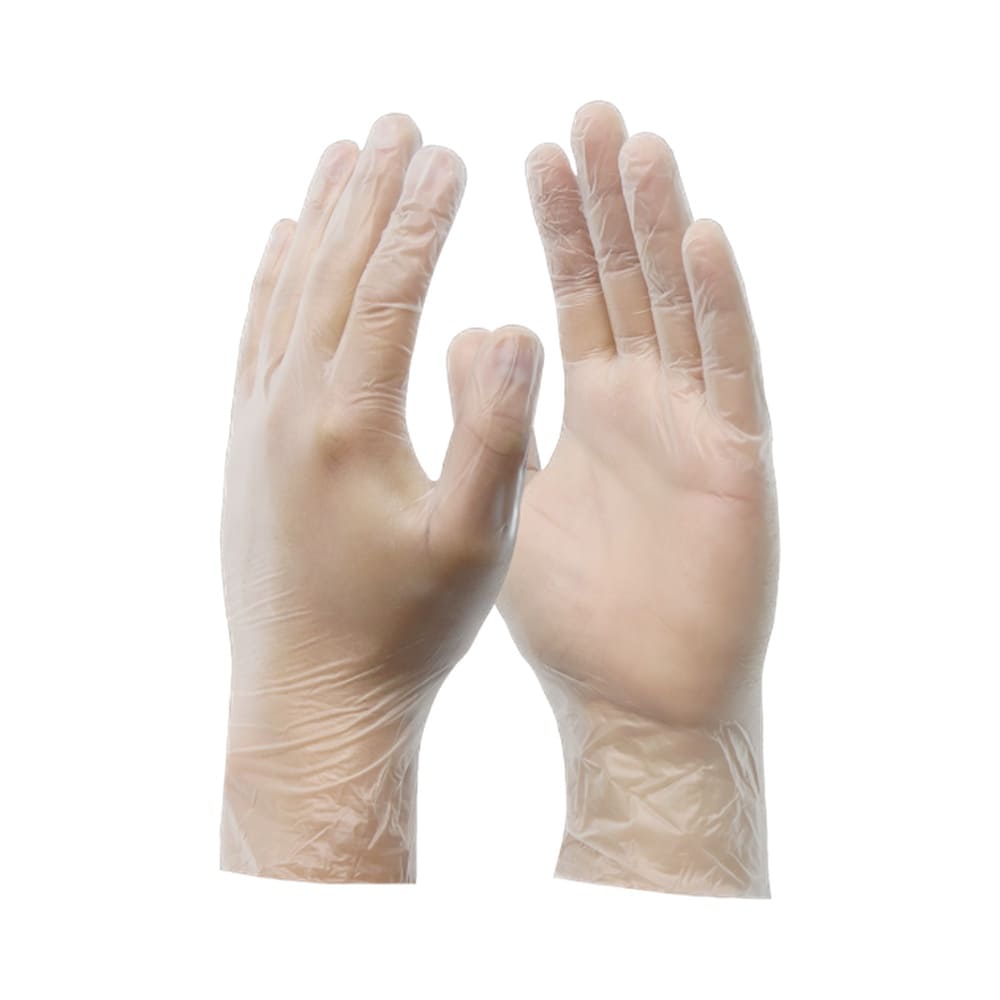 Duas mãos usando luvas de vinil transparentes com pó