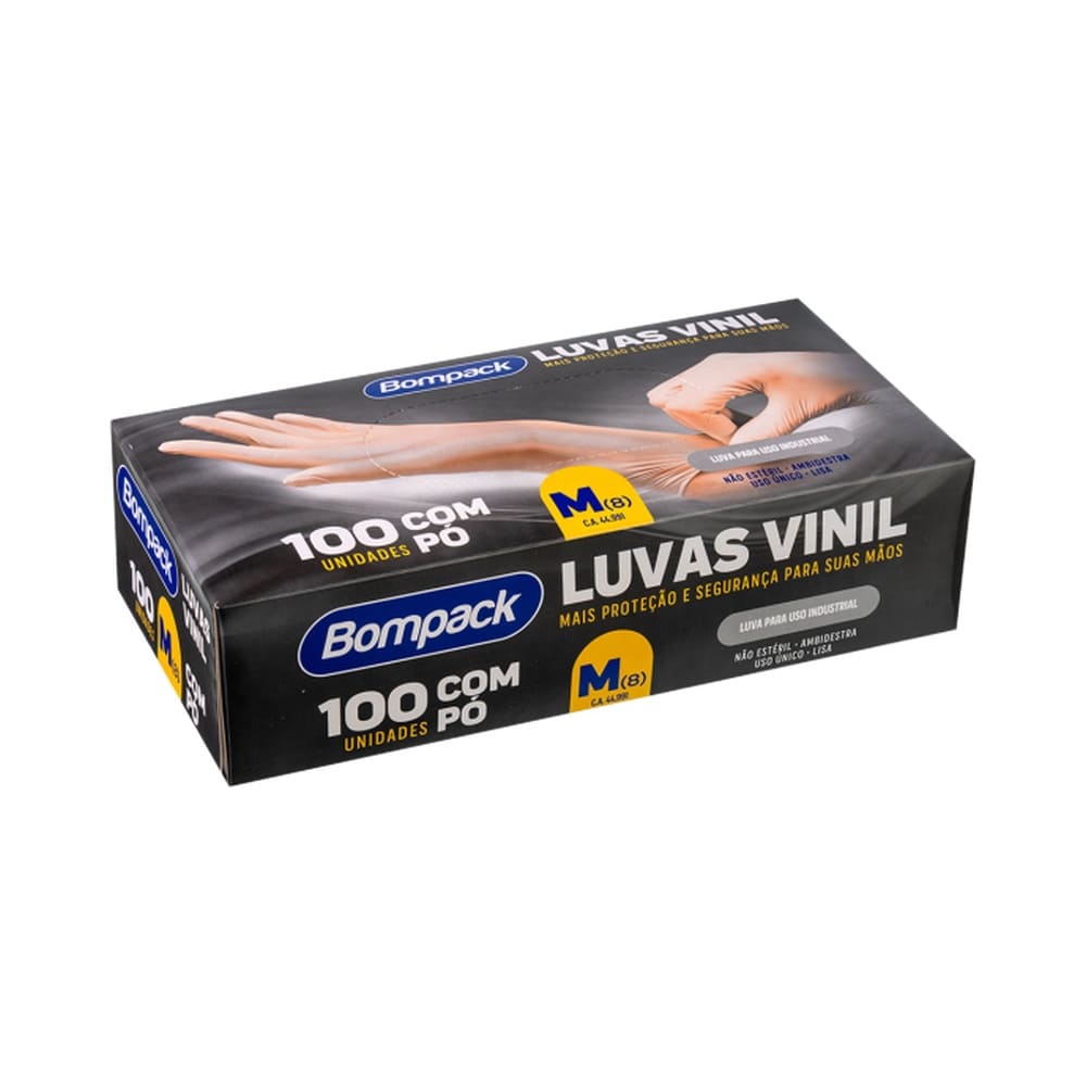 Embalagem da Luva de Vinil Bompack com pó, 100 unidades, tamanho M