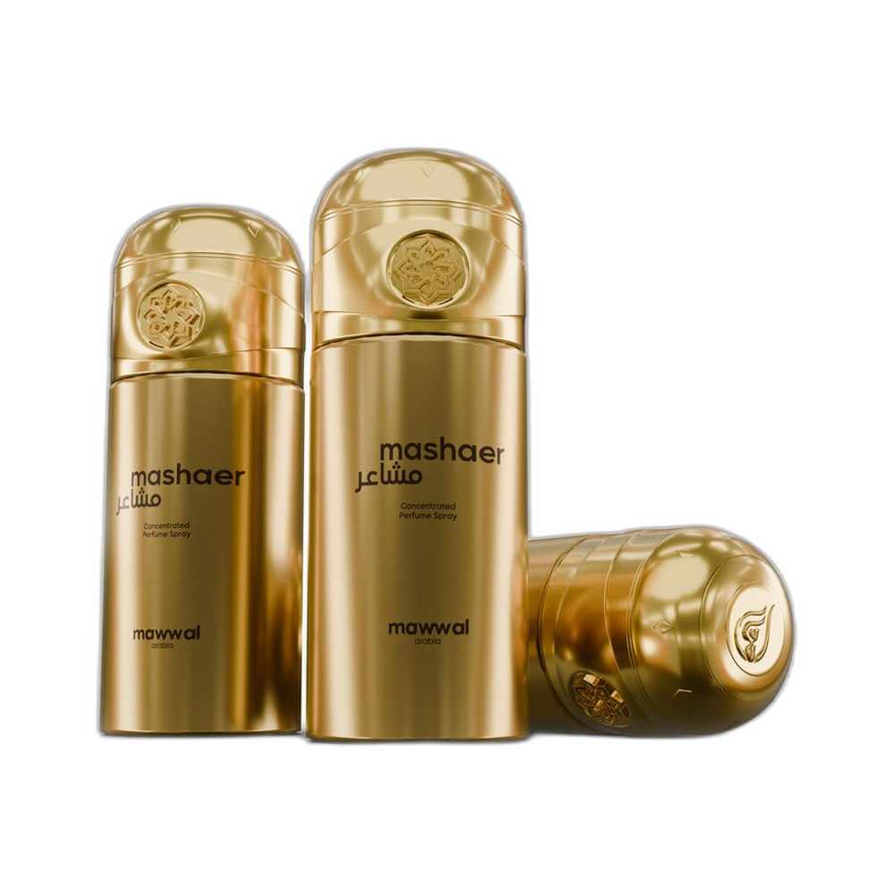 Três frascos dourados metálicos do perfume Mawwal Sense Mashaer Feminino 250ml