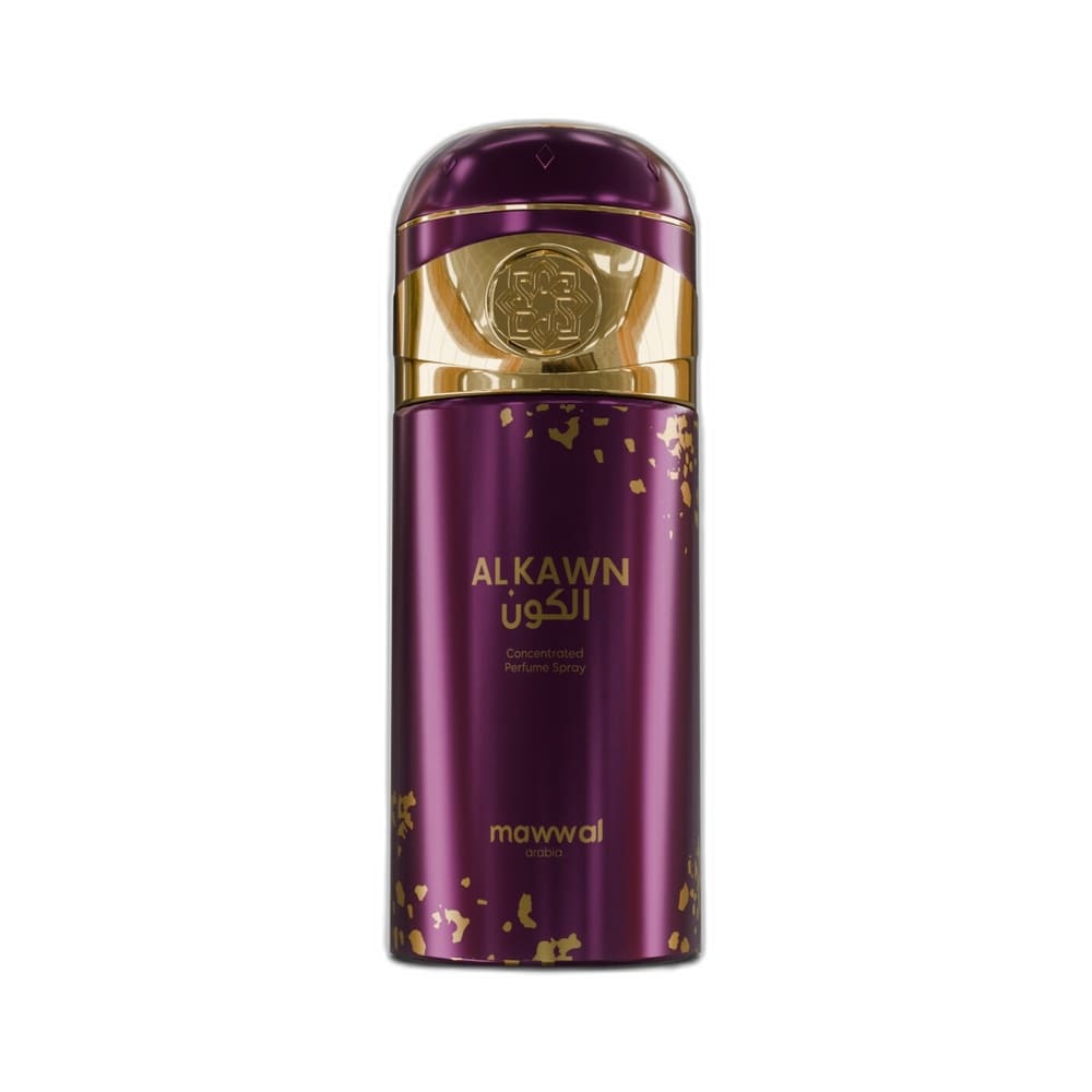 Frasco de perfume Mawwal Universe Alkawn Unissex 250ml em destaque, design elegante roxo metálico com detalhes dourados
