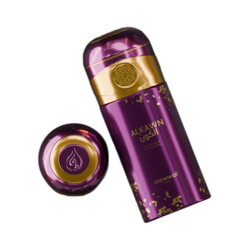 Frasco de perfume Mawwal Universe Alkawn Unissex 250ml em ângulo inclinado com tampa dourada removida