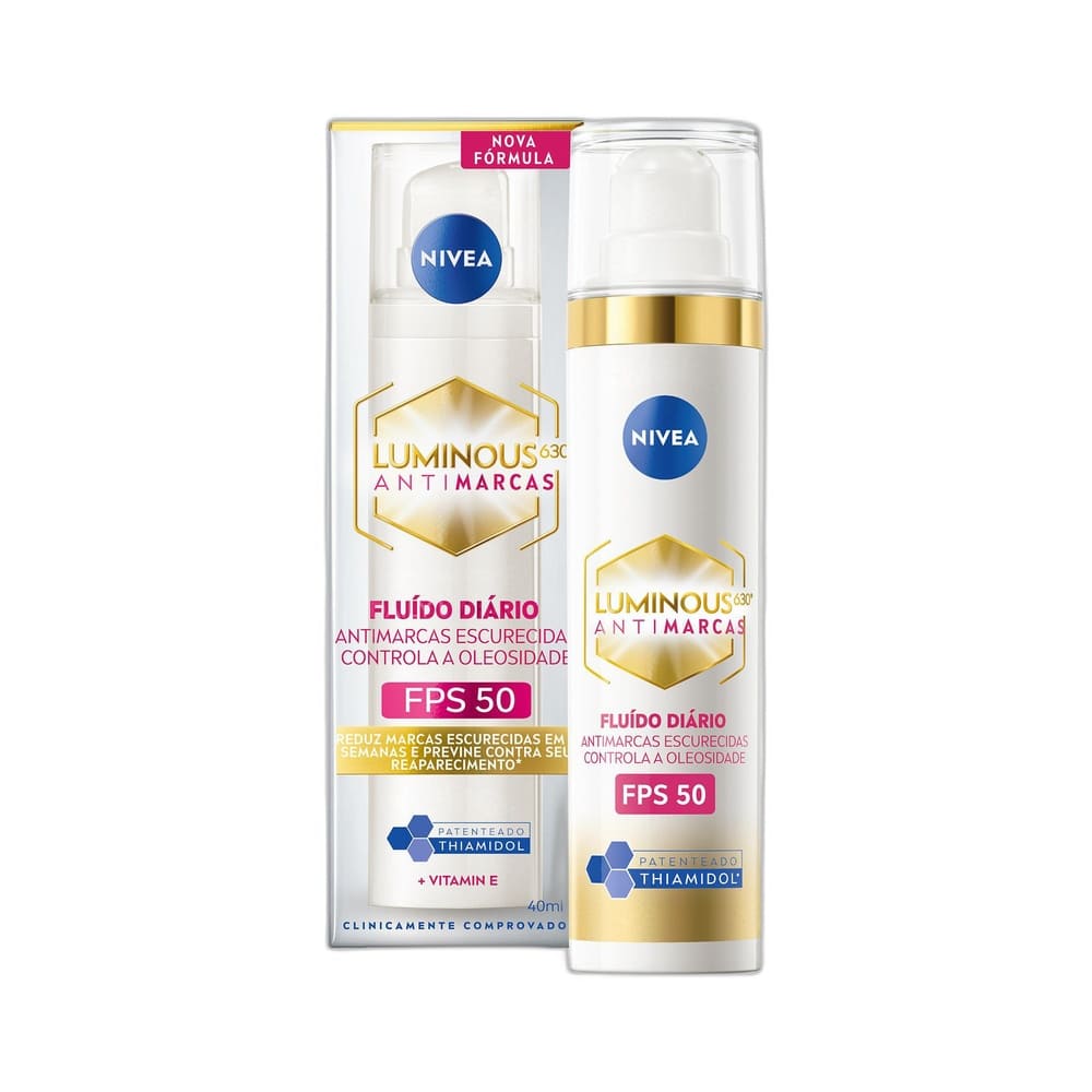 Fluido Facial Nivea Protetor Cellular Luminous 630 FPS 50 40ml em fundo azul com rótulo e informações