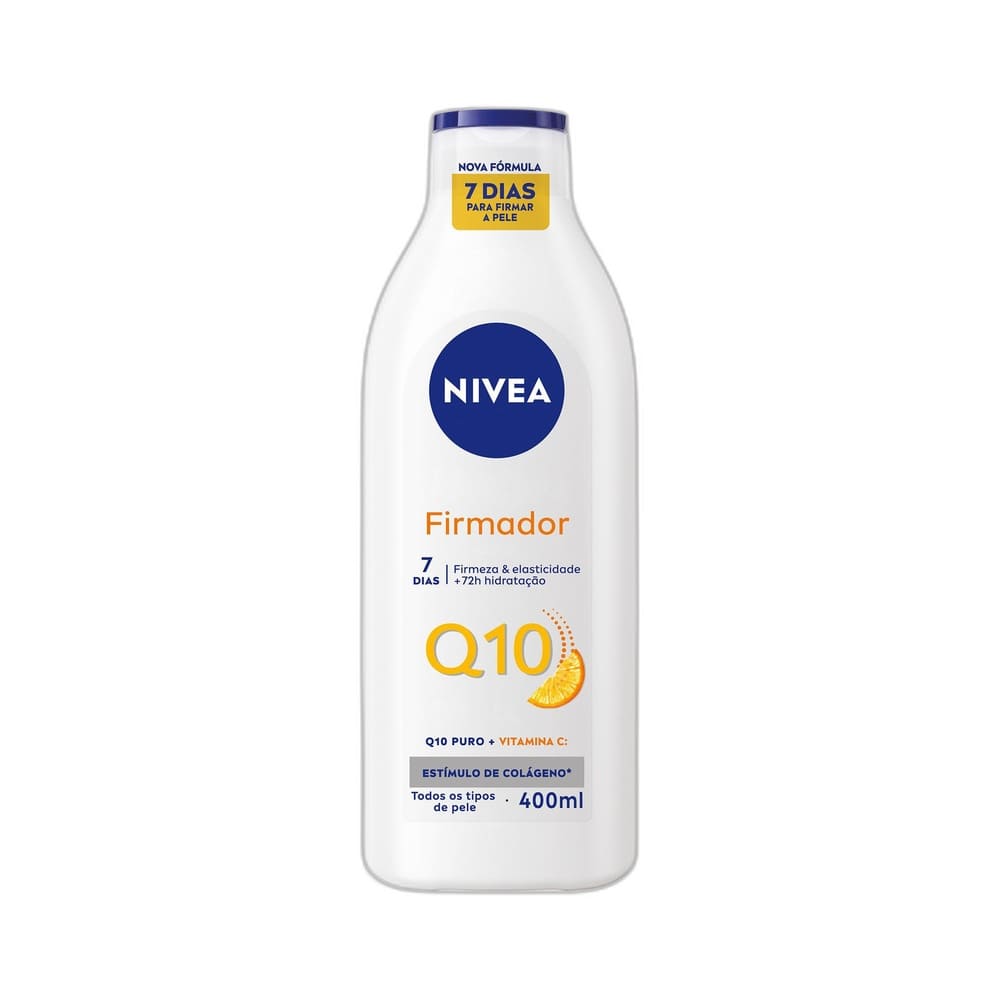 Frasco branco da Loção Hidratante Nivea Firmador Q10 + Vitamina C 400ml com tampa azul e rótulo destacando fórmula que firma a pele em 7 dias.