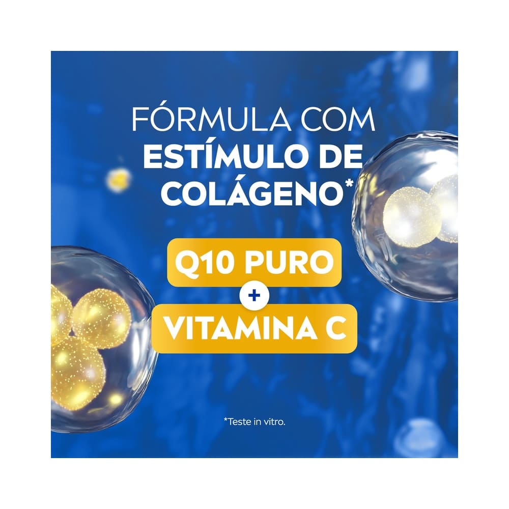 Imagem com fundo azul escuro e elementos gráficos que simulam moléculas, destacando fórmula com estímulo de colágeno Q10 puro e Vitamina C.