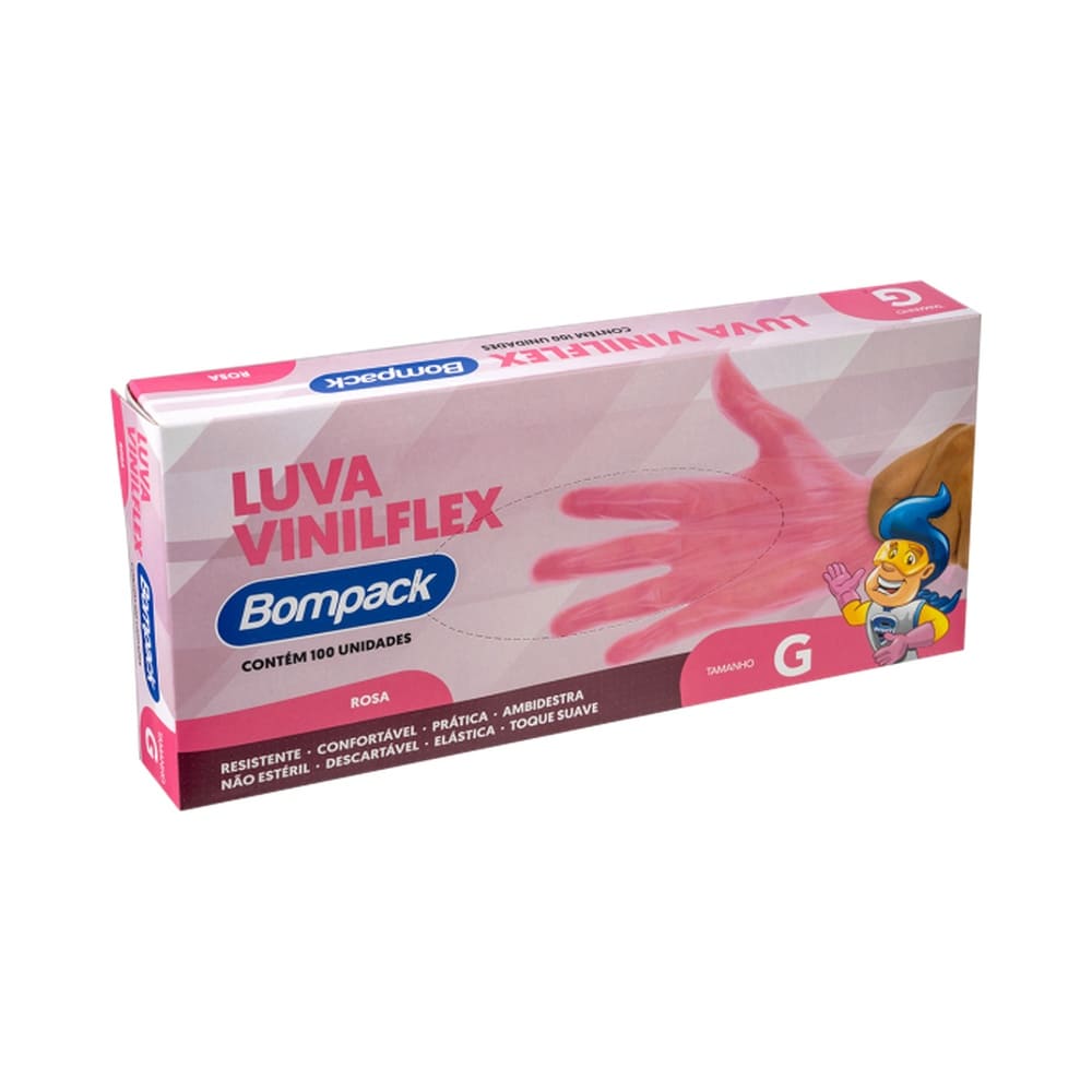 Embalagem rosa da Luva Bompack Vinilflex com 100 unidades tamanho G, destacando mão usando a luva