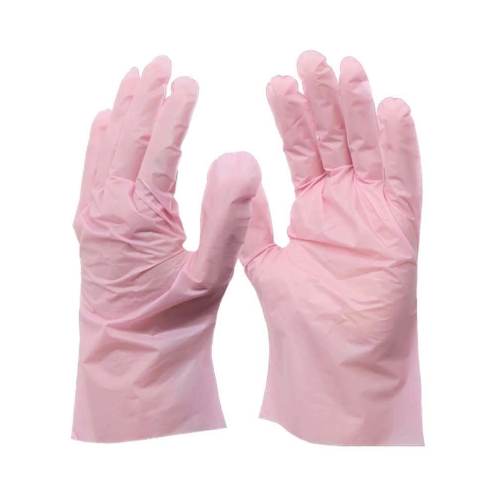 Par de luvas descartáveis de vinil rosa tamanho G, com dedos ligeiramente curvados em fundo branco